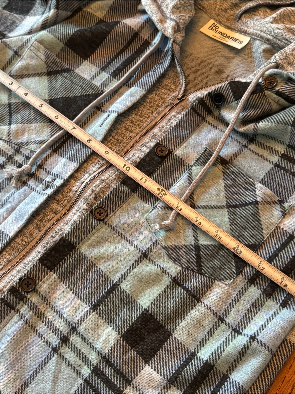 No Boundaries Layered Plaid Hooded Shacket | Blue & Black | Size M (8-10) - Picture 6 of 8